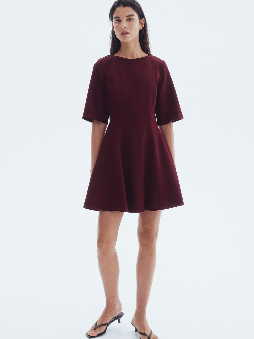 H&M Burgundy Fit-and-Flare Short Sleeve Mini Dress